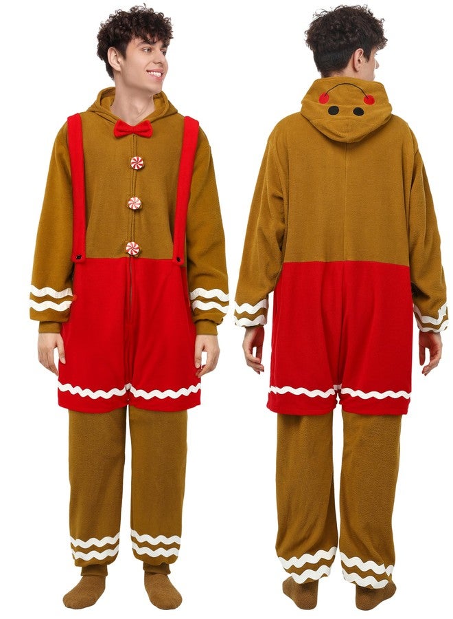 SOMSOC Men Gingerbread Onesie Pajamas Adult Flannel One-Piece Jumpsuit Christmas Hooded Sleepwear Homewear with Pockets - Image 5